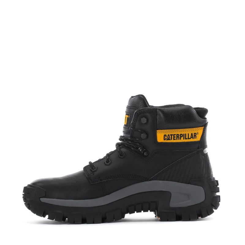 Men's black steel-toe work boot, side profile with Caterpillar logo patch and laces