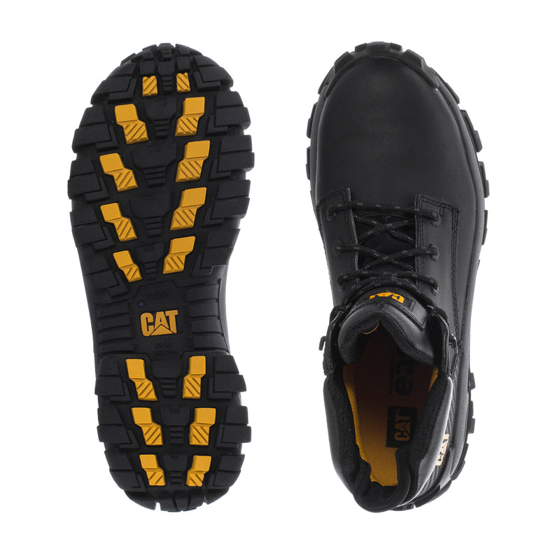 Men's black steel-toe boot outsole view with yellow traction blocks and toe profile
