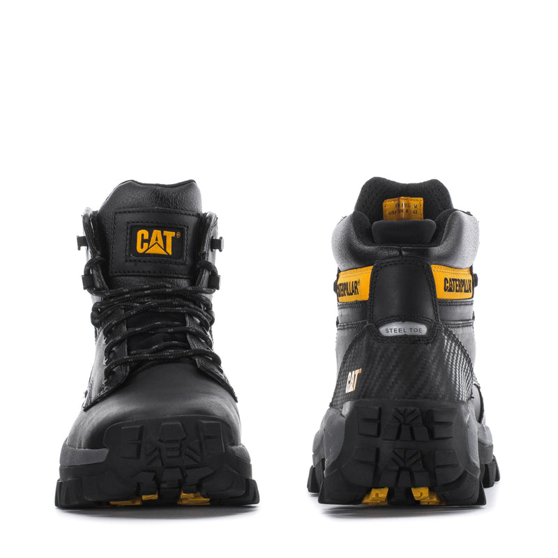Men's black steel-toe work boots, back view with CAT and Caterpillar heel tags