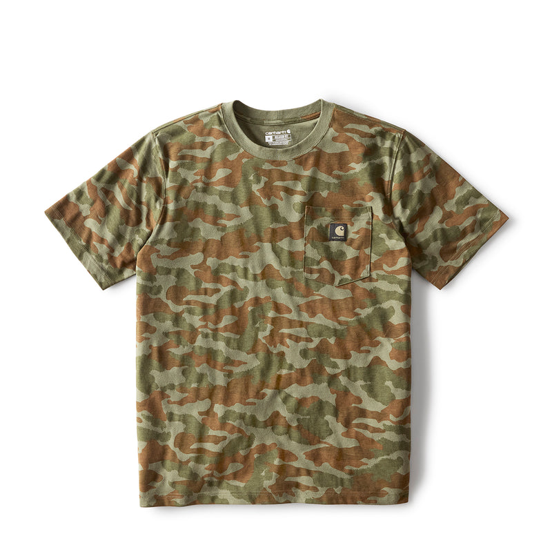 Men's relaxed camo T-shirt with front chest pocket, army green multi-tone print