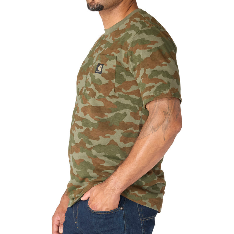 Men's relaxed camo T-shirt with short sleeves and front chest pocket, army green