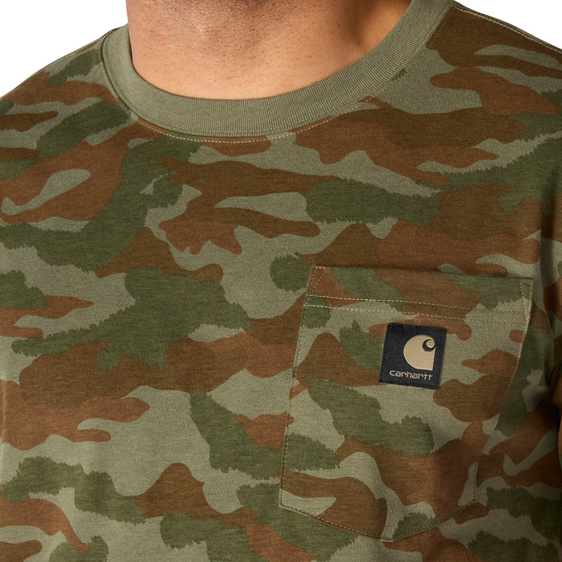 Men's camo T-shirt close-up: crew neck and chest pocket with logo patch