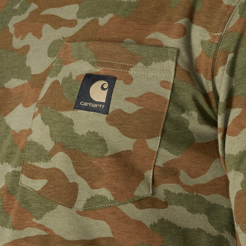 Men's camo T-shirt pocket close-up with stitched logo label on army green camo
