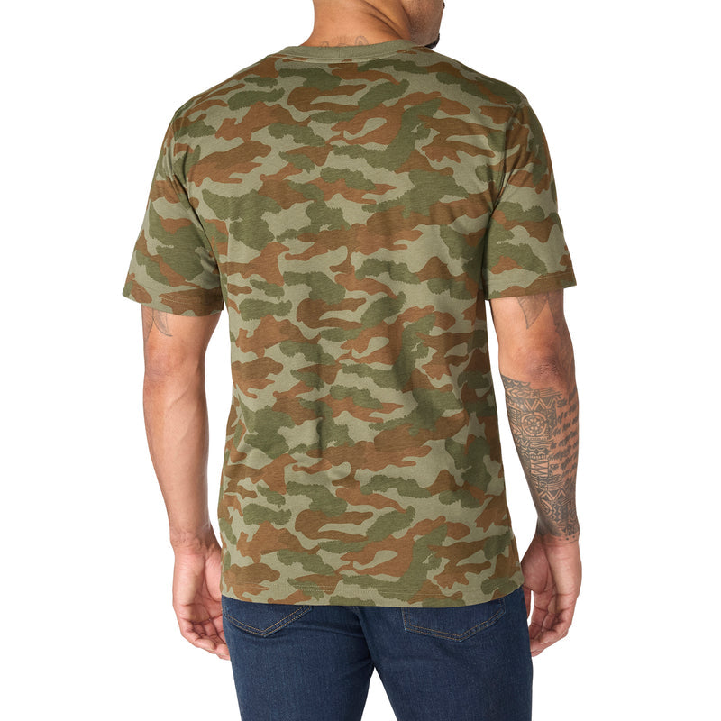 Men's relaxed camo T-shirt back view in army green multi-tone print