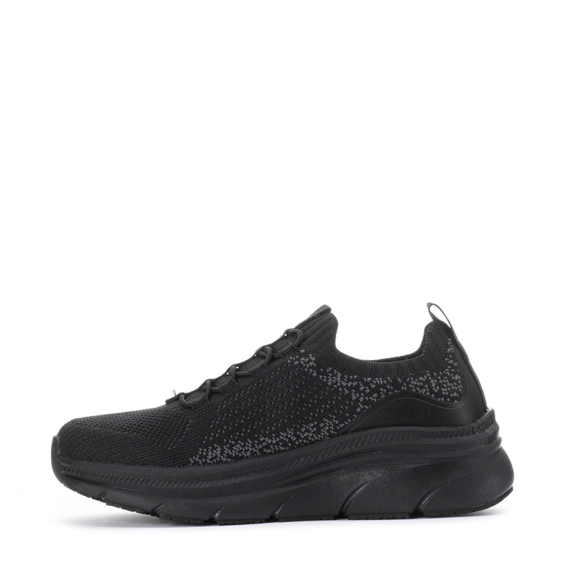 Black women's lace-up knit sneaker, side view with woven-texture upper and thick sole