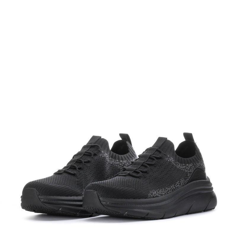 Black women's lace-up knit sneakers with thick tread sole and cushioned heel