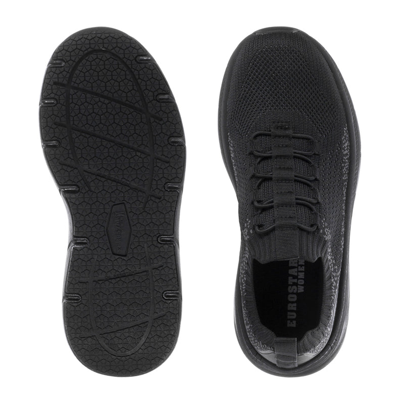 Black sneaker outsoles with tread pattern; rear view of lace-up shoe opening