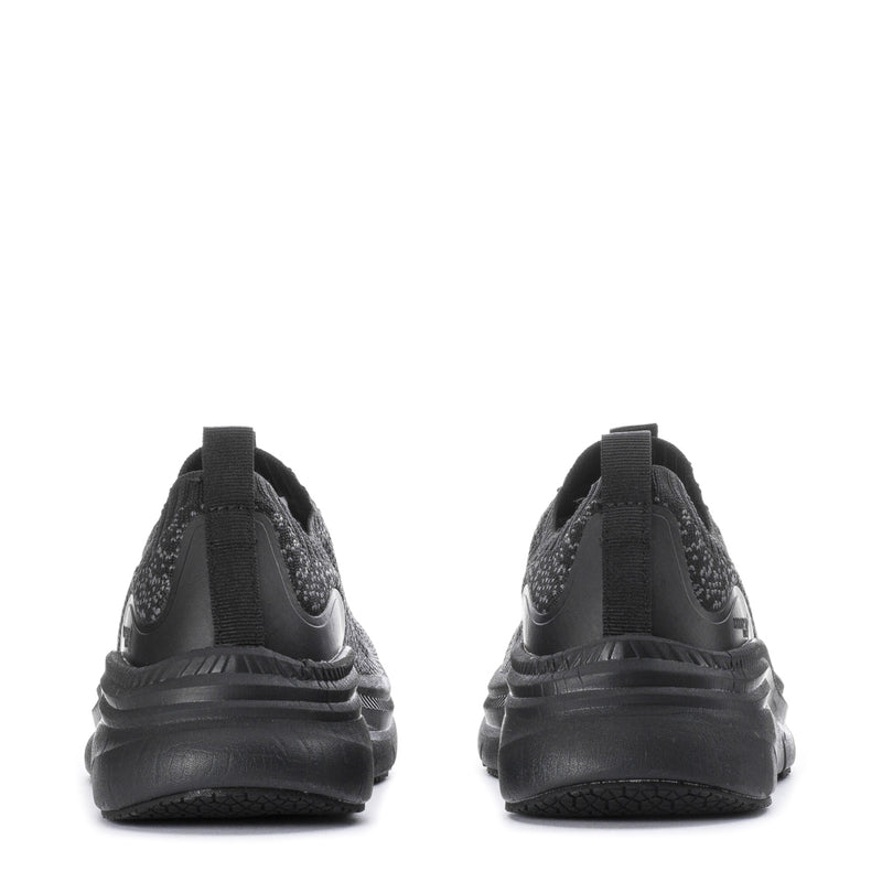 Black women's lace-up knit sneakers with rear cushioning and textured sidewall