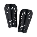 J Guard black soccer shin guards with oval cutouts and white Nike swoosh