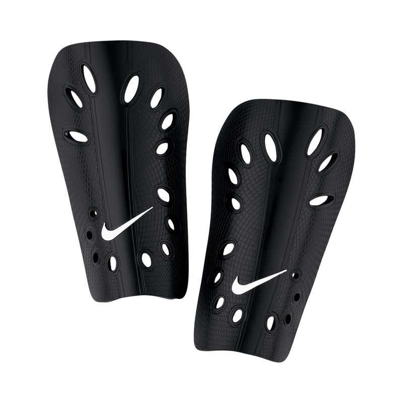 J Guard black soccer shin guards with oval cutouts and white Nike swoosh