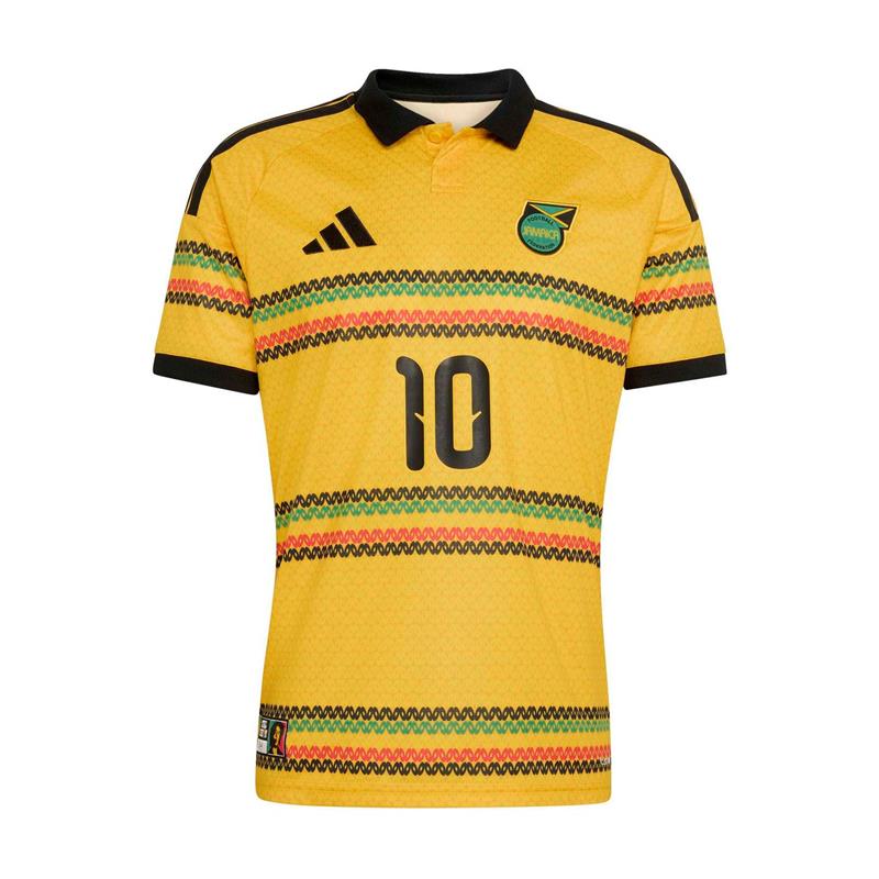 Men's yellow soccer jersey with black collar, patterned stripes, and front number 10