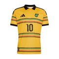 Men's yellow soccer jersey with black collar, patterned stripes, and front number 10