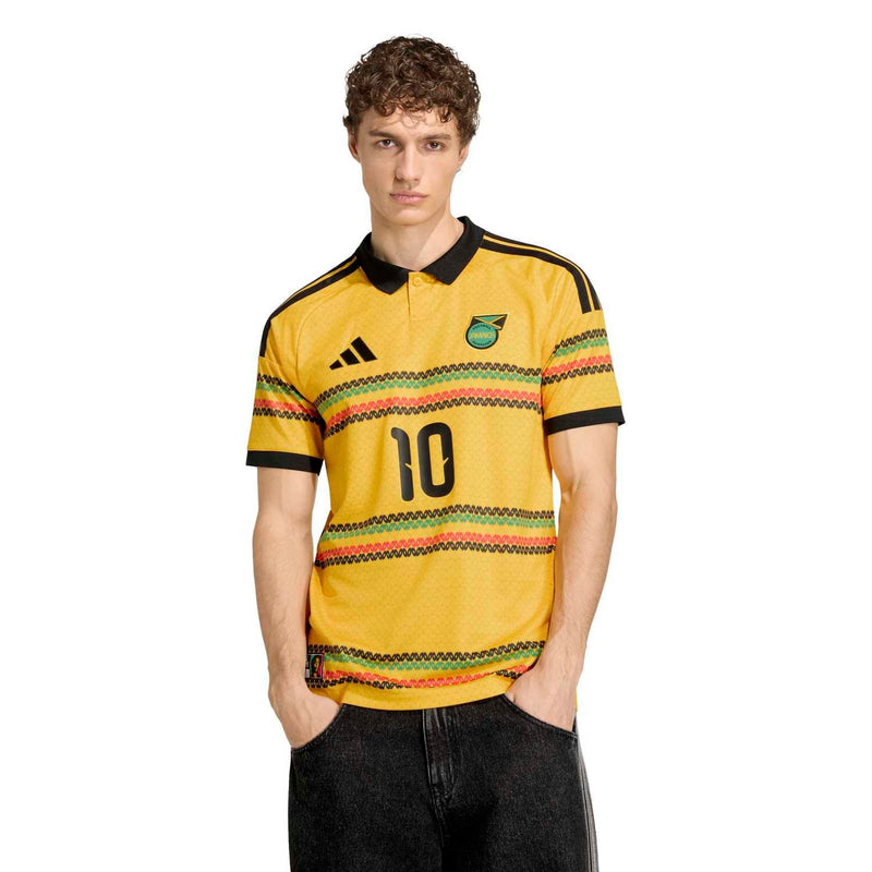 Men's yellow soccer jersey with black collar and patterned bands, front number 10