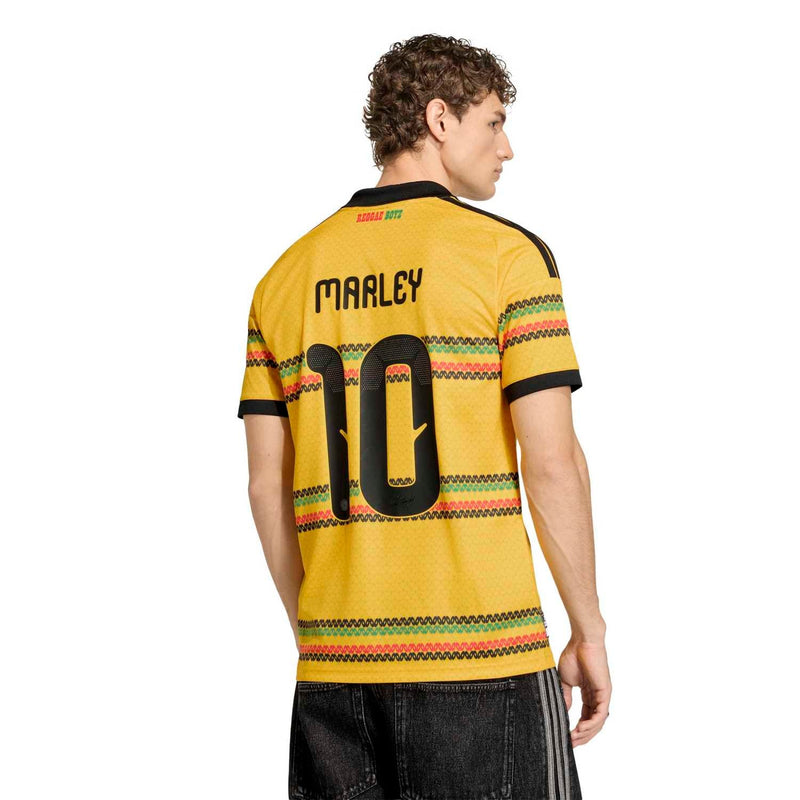 Men's yellow soccer jersey back view with 'Marley' name and number 10
