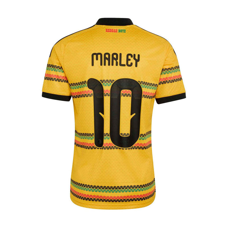 Men's yellow soccer jersey back view with 'Marley' text and number 10