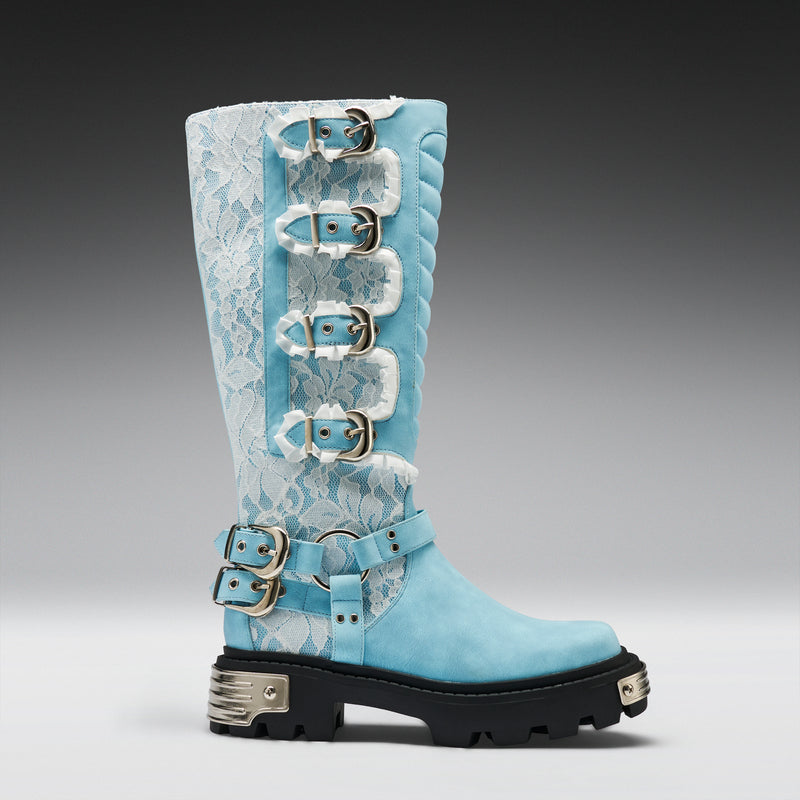 Light blue knee-high boot with lace details and buckles on a gray background