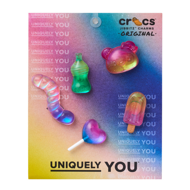 Set of 5 colorful jelly candy Crocs charms: bear, bottle, heart, candy, and capsule