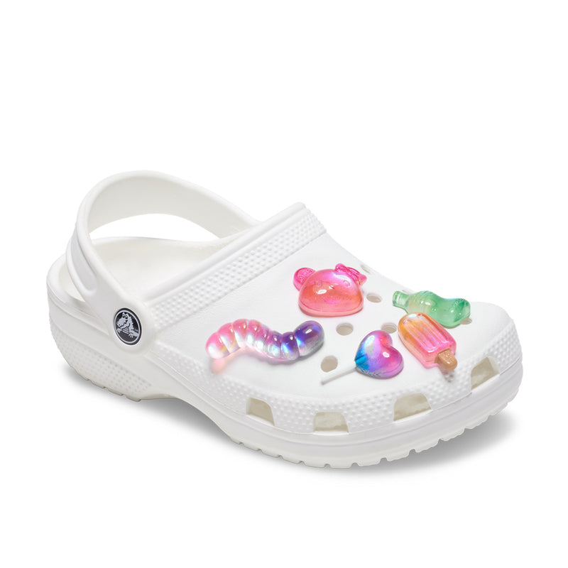5 colorful jelly candy jibbitz charms on a white Crocs clog, multi-color shapes