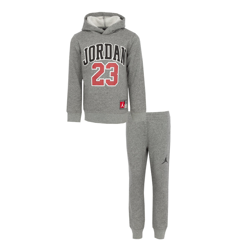 Kids heather gray hoodie and jogger set with Jordan 23 front graphic