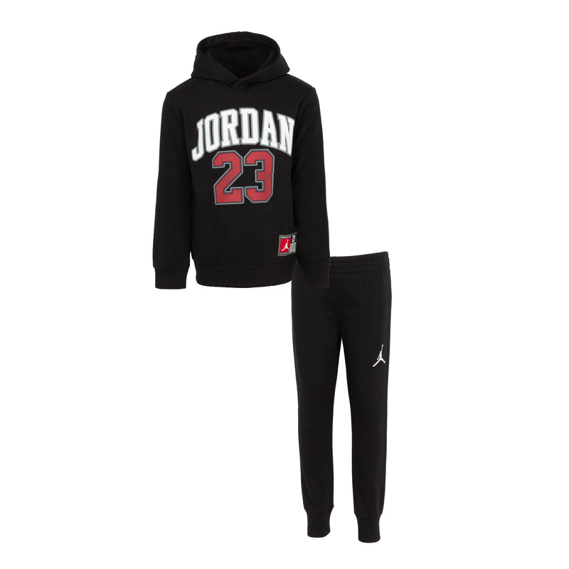 Kids black hoodie and jogger set with Jordan 23 front graphic