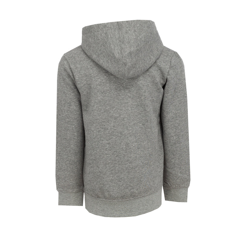 Toddler carbon heather hoodie with front pocket and hood, full back view