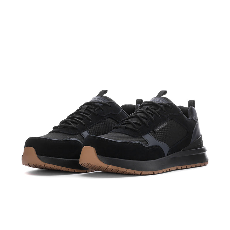 Men's black composite-toe lace-up jogger sneakers, side profile with rubber outsole