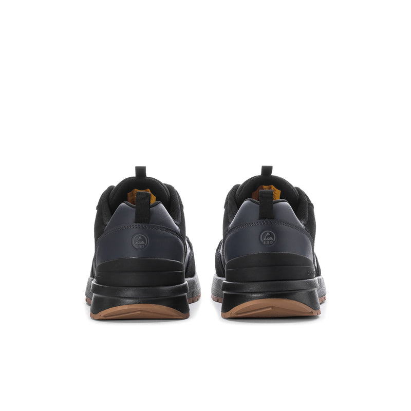 Men's black composite-toe lace-up jogger sneakers, back view with stacked heel