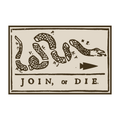 The Join or Die Ruck features the iconic segmented snake labeled with colonies and "JOIN, or DIE."—a Benjamin Franklin political cartoon from the French and Indian War, first published in the Pennsylvania Gazette.
