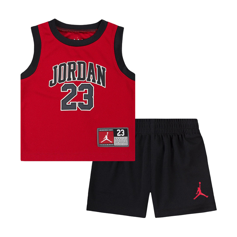 Infant jersey and shorts set: red sleeveless Jordan 23 top with black shorts
