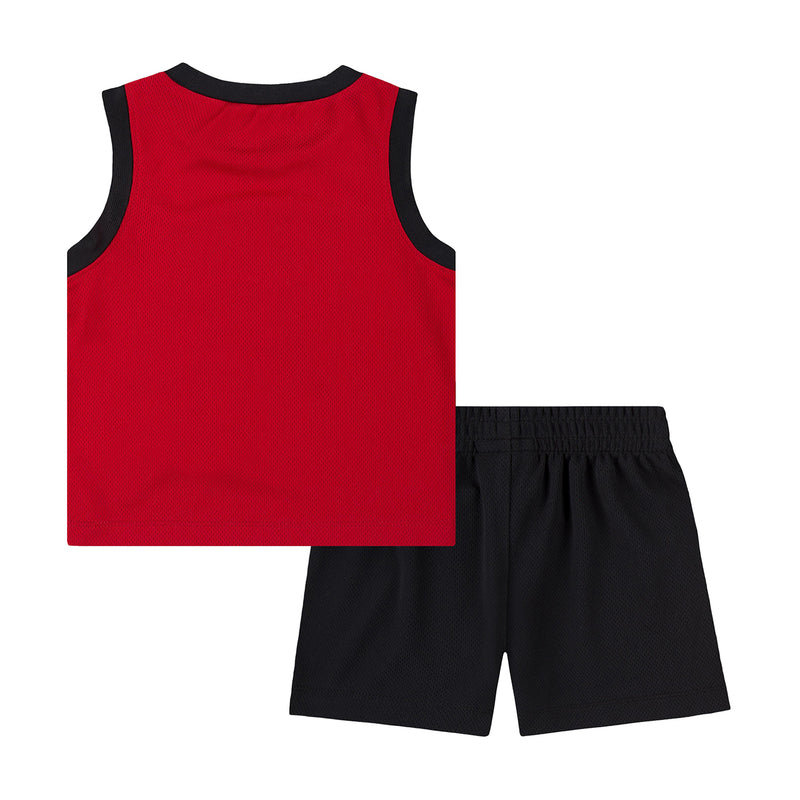 Infant jersey and shorts set: red sleeveless top with black neckline trim and black shorts