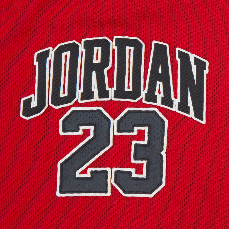 Red infant jersey close-up with JORDAN 23 lettering and number print