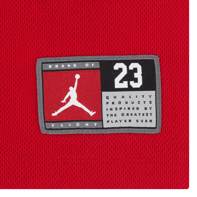 Red jersey chest patch with Jordan silhouette and 23 quality products text