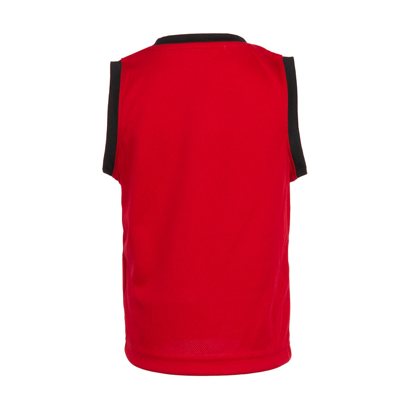 Toddler red jersey with black-trim collar and sleeves, Jordan 23 style back