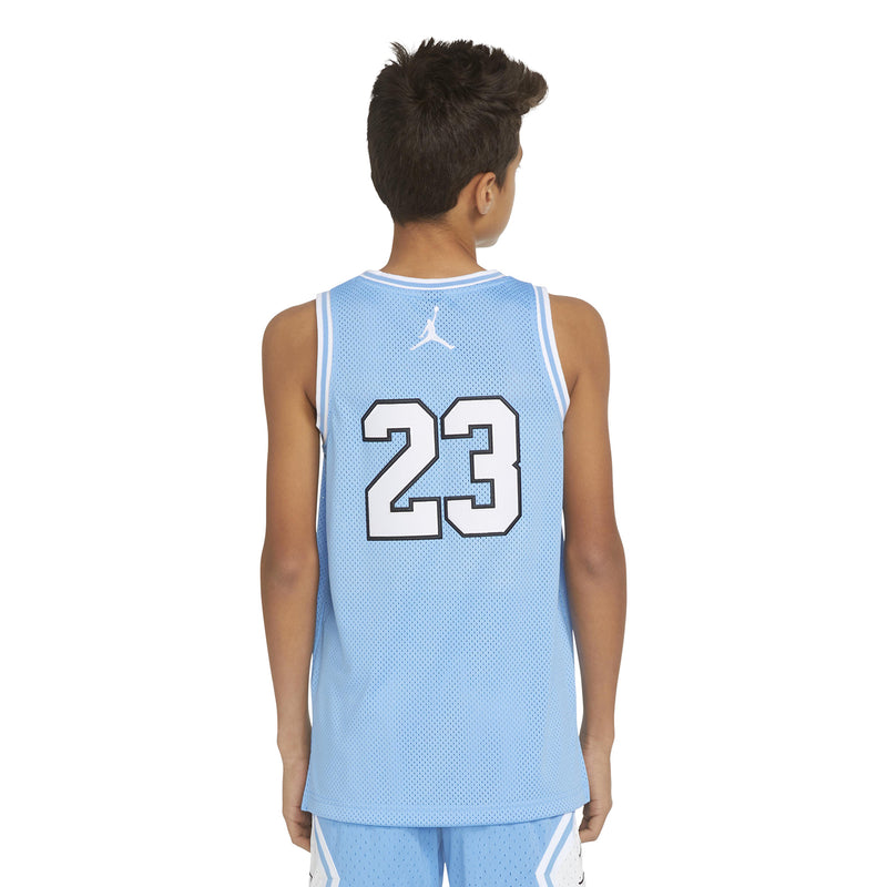 Youth light blue basketball jersey with Jordan 23 on the back and small neck logo