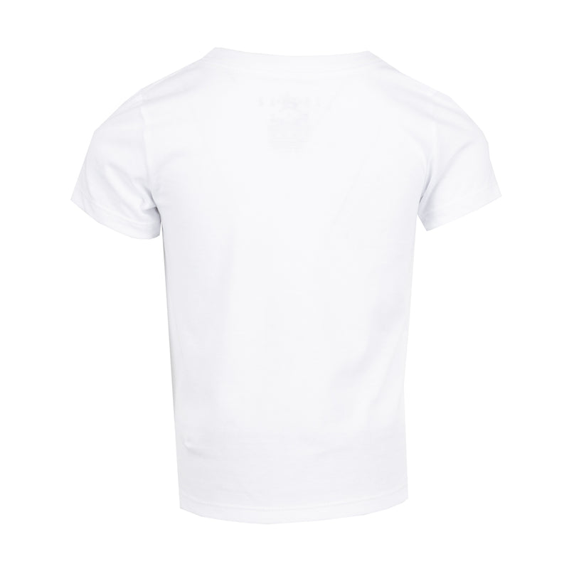 Toddler white T-shirt, back view with small Jordan logo at collar