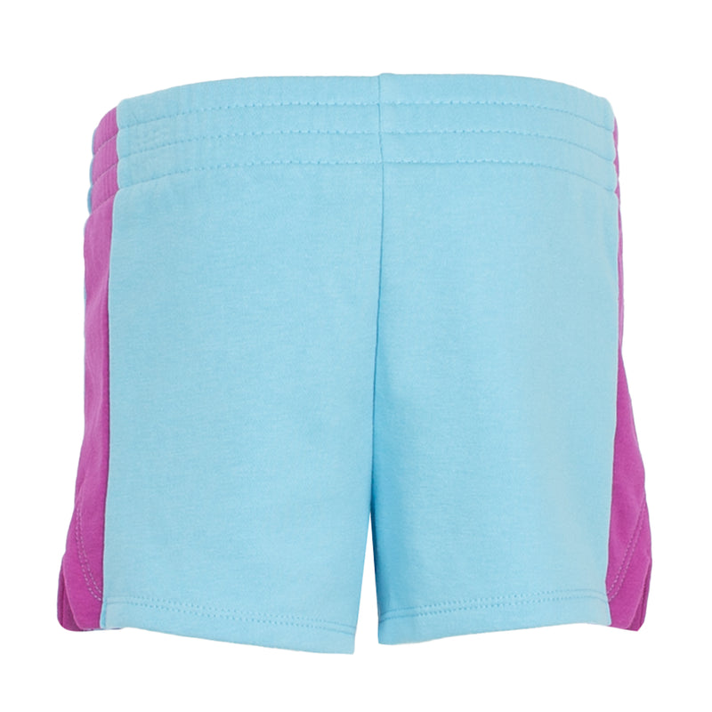 Toddler aqua-blue shorts with purple side panels and Jordan logo