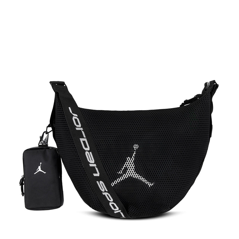 Black mesh ball carrier sling with Jumpman logo and Jordan lettering on strap