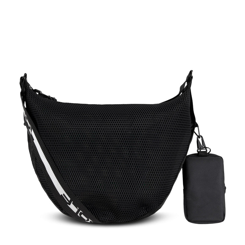 Black mesh ball carrier sling with diagonal logo stripe and attached small pouch
