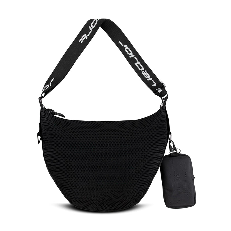 Black mesh ball carrier sling with adjustable Jordan strap and attached zip pouch