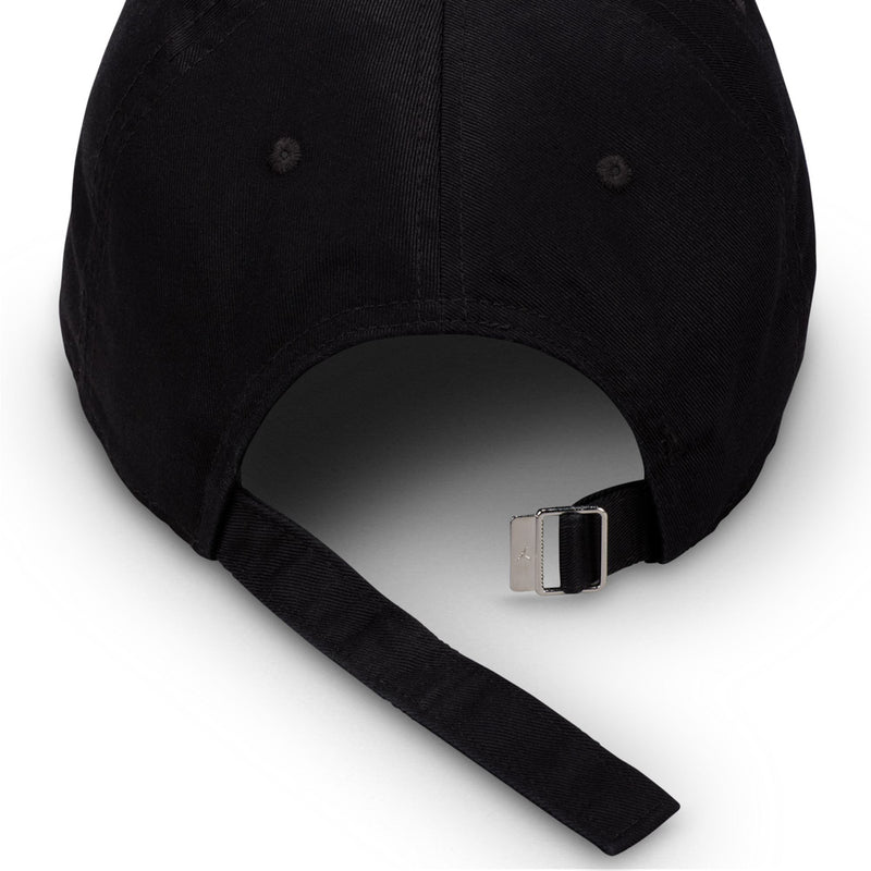 Black cap with adjustable strap and metal buckle, underside view