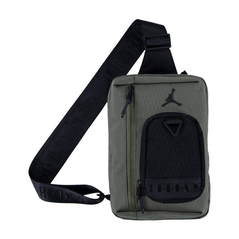 Jordan crossbody bag in medium olive with black front panel and logo, adjustable strap