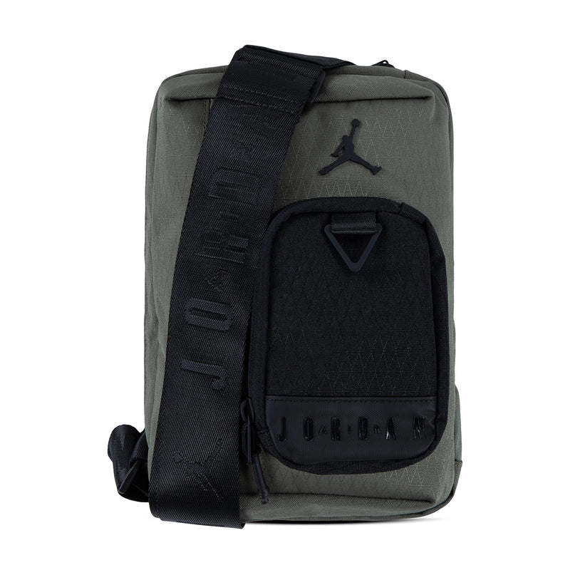 Medium olive Jordan crossbody bag with black side strap panel and Jumpman logo