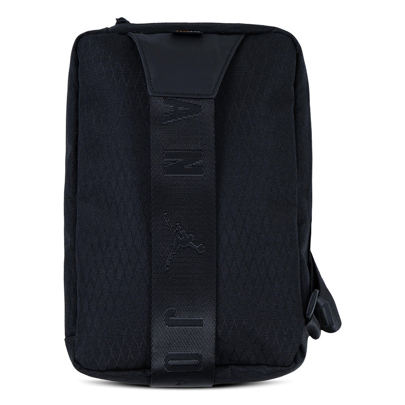 Black crossbody bag with vertical strap and top handle, molded logo details.