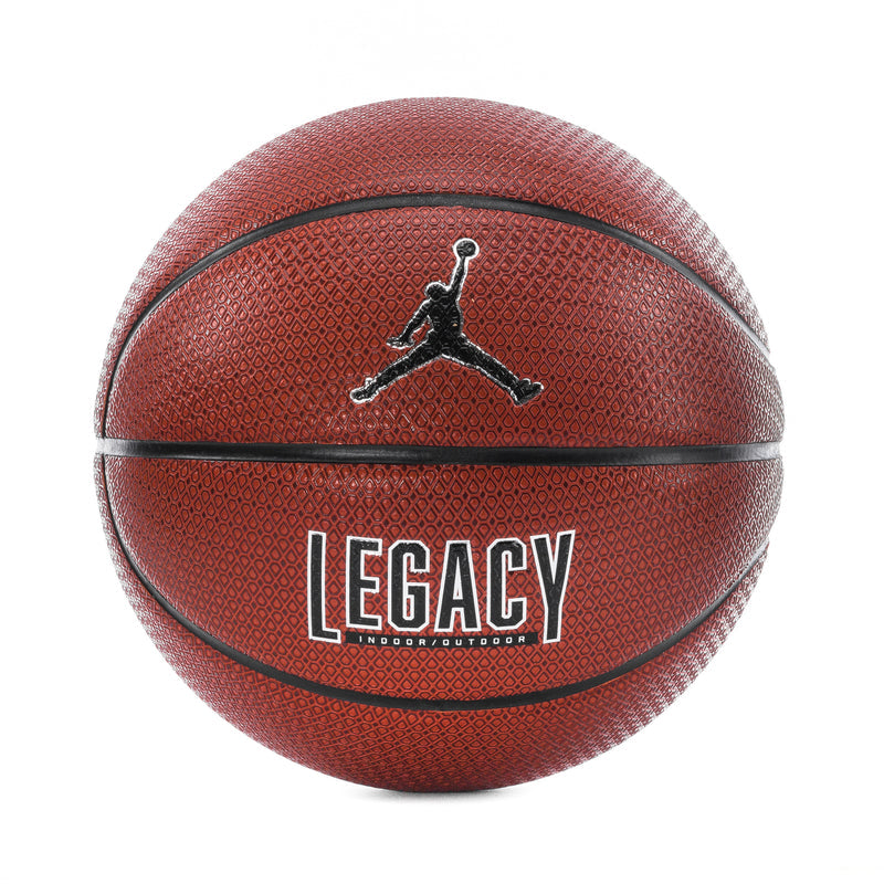Jordan Legacy 2.0 basketball in brown with black trim and Jordan logo, size 8P