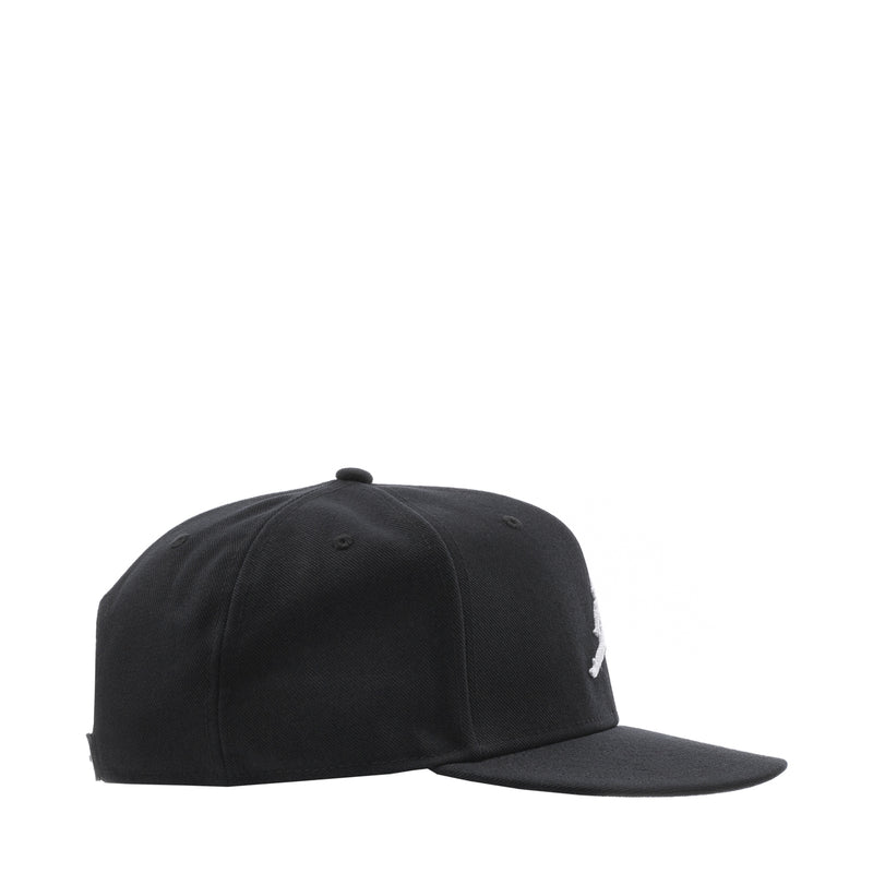 Black snapback cap with low-profile curved brim, side view