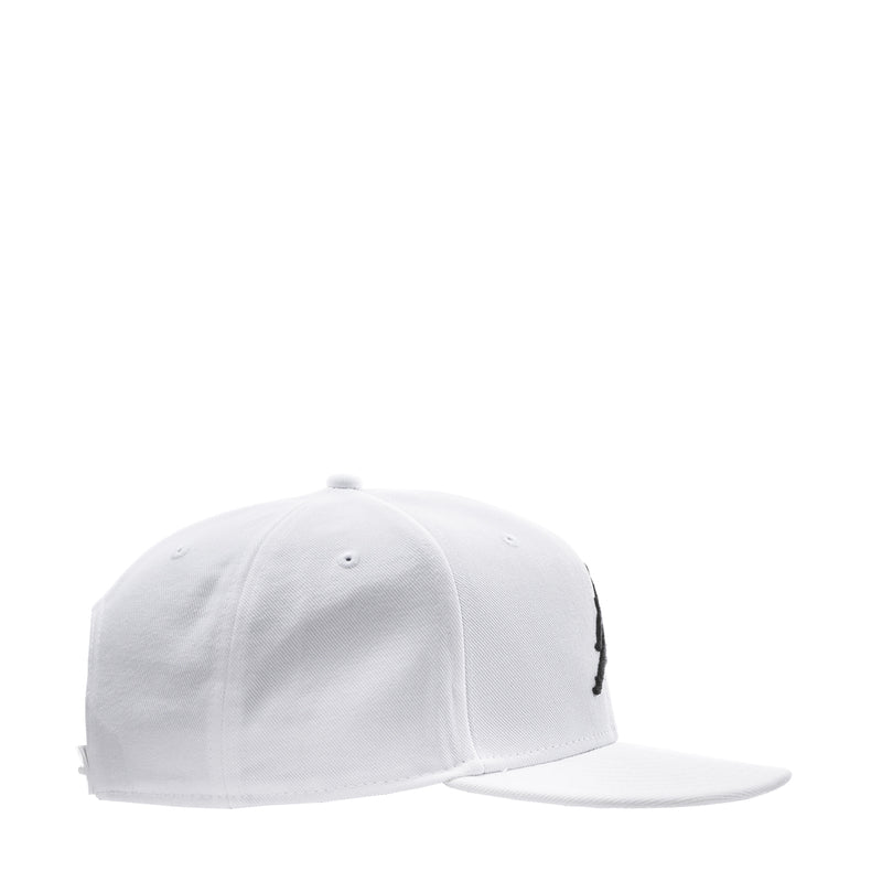 White snapback cap with small black logo detail on the side