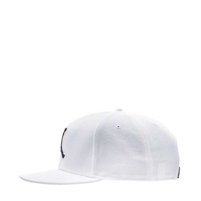 White snapback cap side view with black Jumpman logo stitching