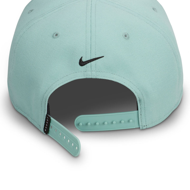 Light teal adjustable snapback cap with Nike swoosh and rear snap strap