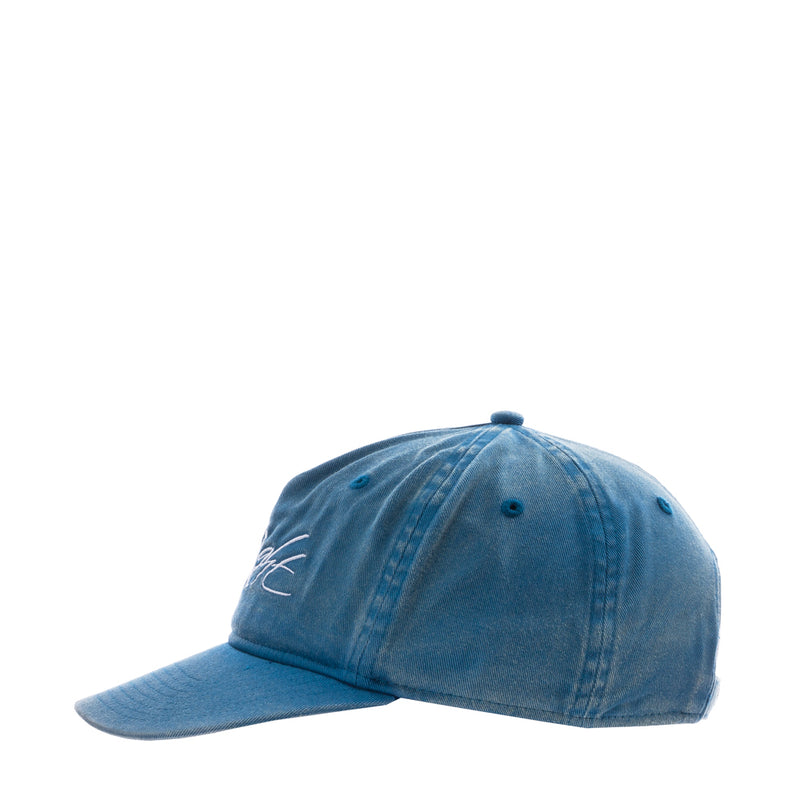 Faded blue strapback cap angled view with “Flight” logo on crown