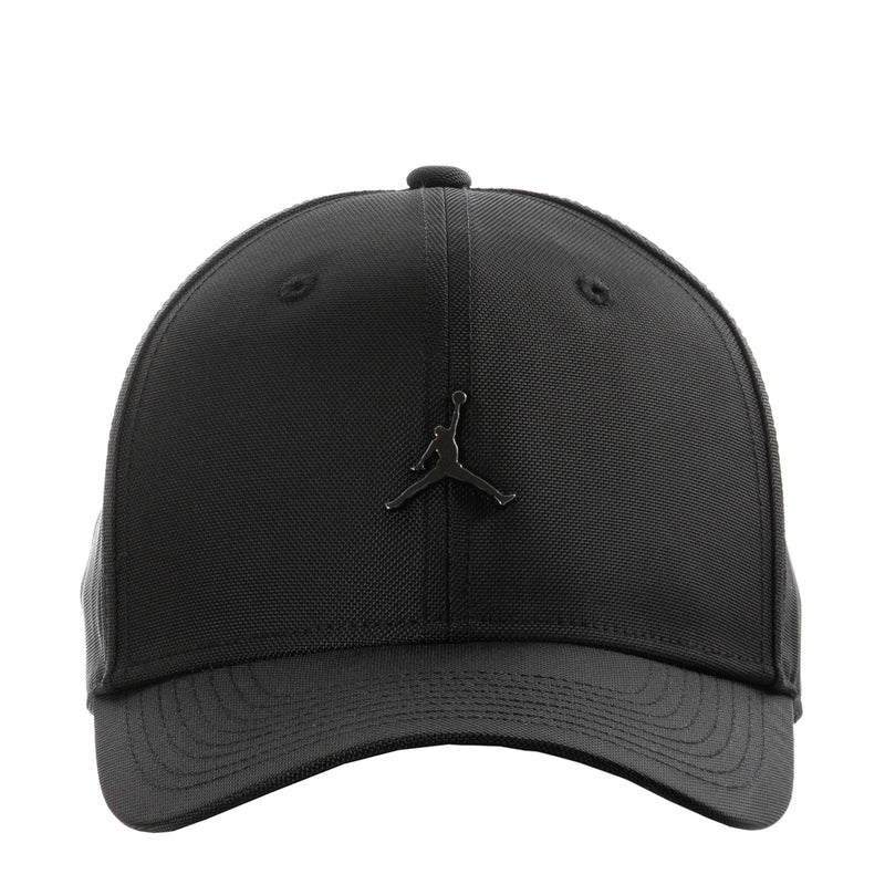 Black structured cap with curved bill, metal Jumpman logo and stitched panels
